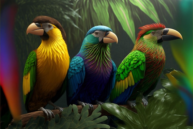 Una pintura de tres pájaros coloridos con la palabra loros.