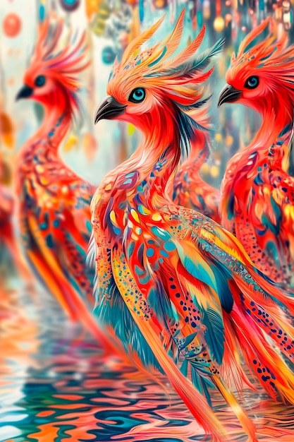 una pintura de tres pájaros coloridos con las palabras "pavo real" en ella
