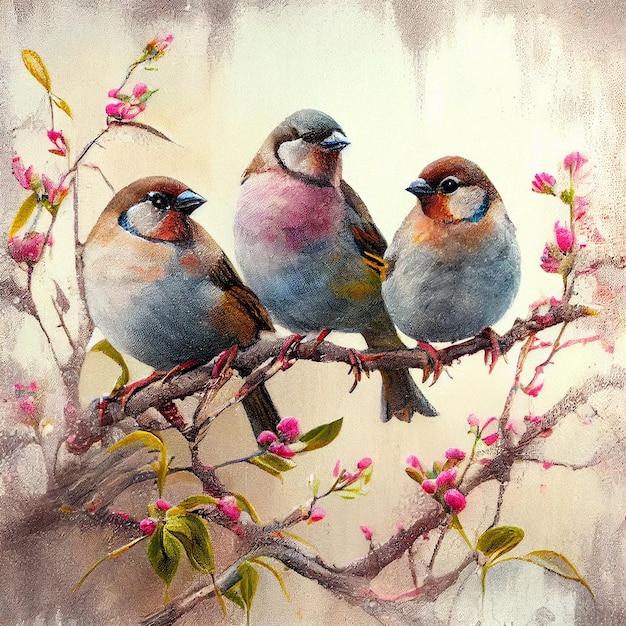 Una pintura de tres pájaros en una rama con flores rosas.