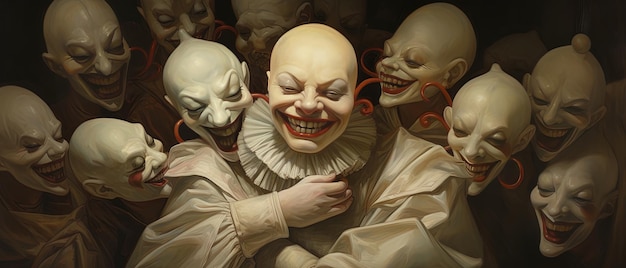 una pintura de tres payasos aterradores con sus caras dibujadas en ellos