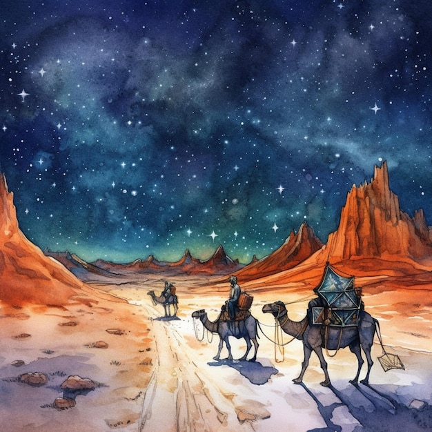 Pintura de tres personas montando camellos en el desierto por la noche ai generativo