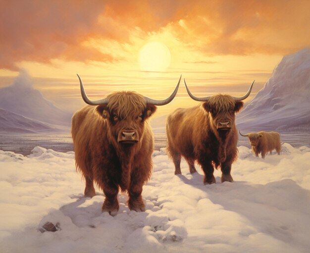 Foto pintura de tres yaks en un paisaje nevado con una puesta de sol generativa ai