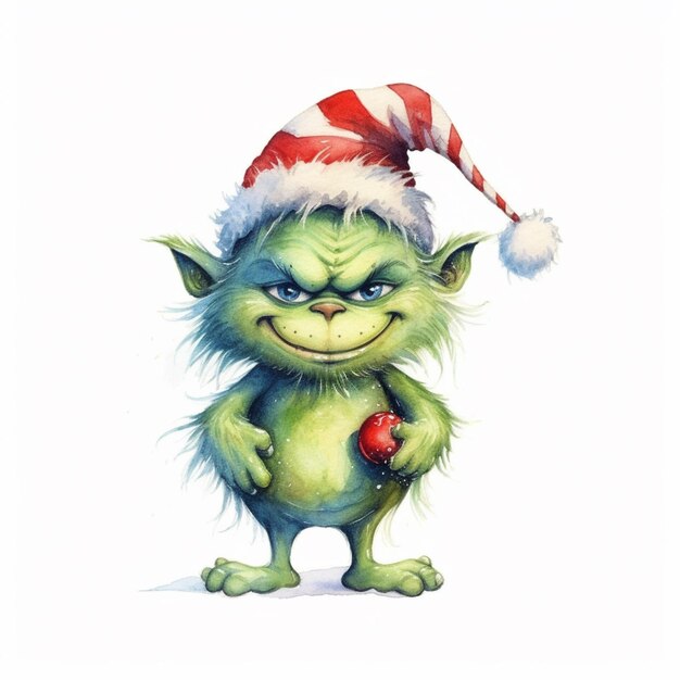 pintura de un troll verde con un sombrero de Santa y un bastón de caramelo generativo ai