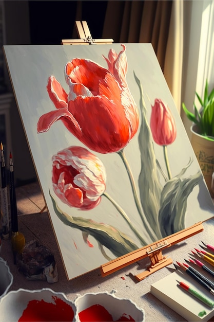 Una pintura de un tulipán con una flor roja en él