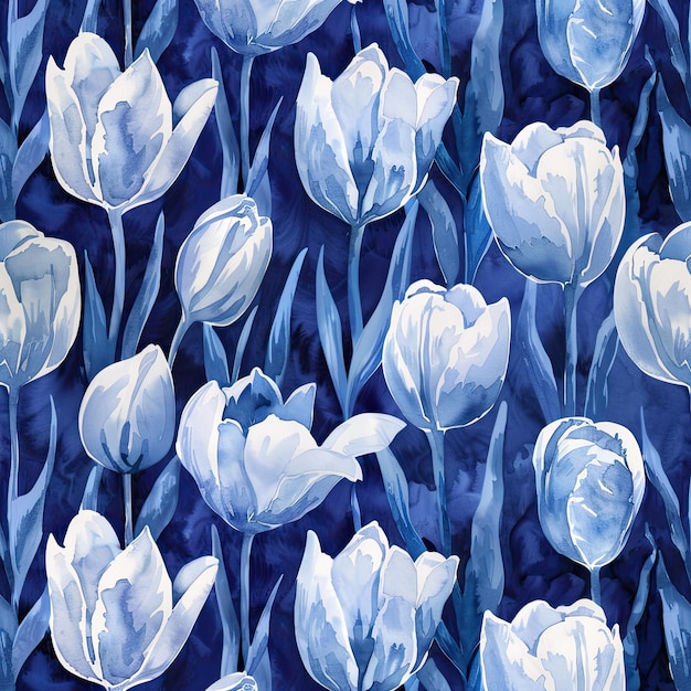 Foto una pintura de tulipanes azules y blancos con las palabras 