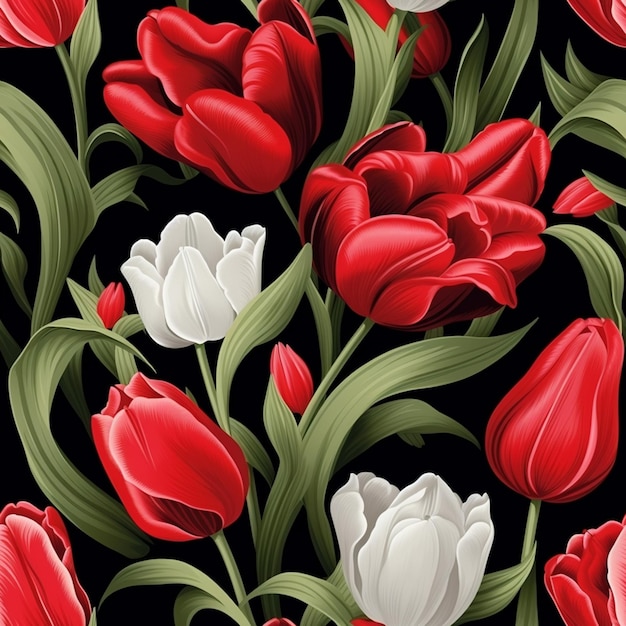 una pintura de tulipanes rojos y blancos con hojas verdes.