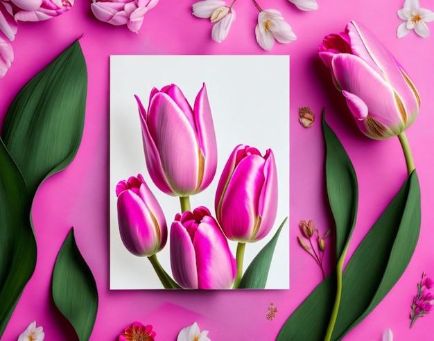 Una pintura de tulipanes rosas sobre un fondo rosa.