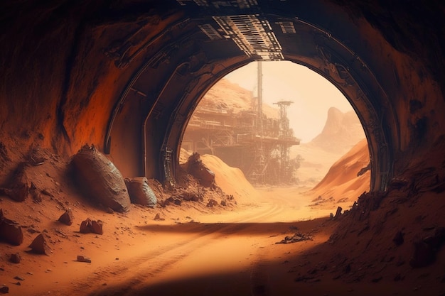 Una pintura de un túnel del desierto con una duna de arena roja al fondo