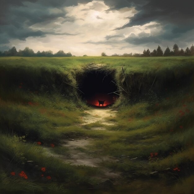 Una pintura de un túnel oscuro con un pájaro al final.