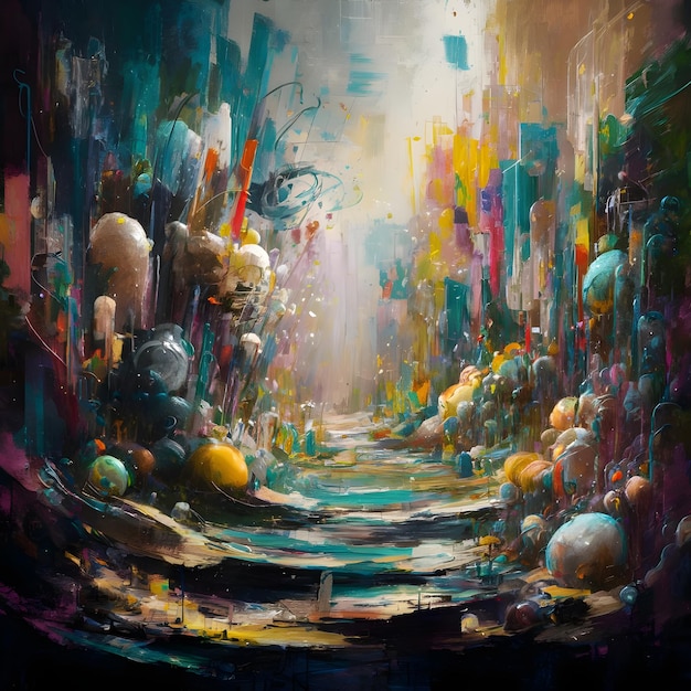 una pintura de un túnel que tiene muchas cosas en él