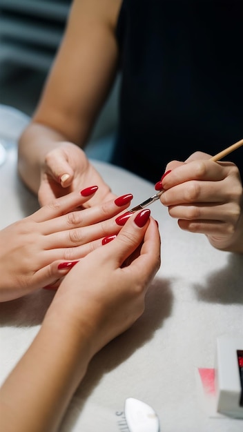 Pintura de uñas mujer con pincel en salón de uñas