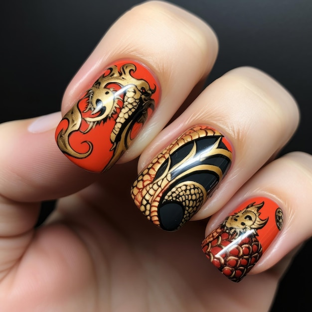 Pintura de uñas tema serpiente y dragón