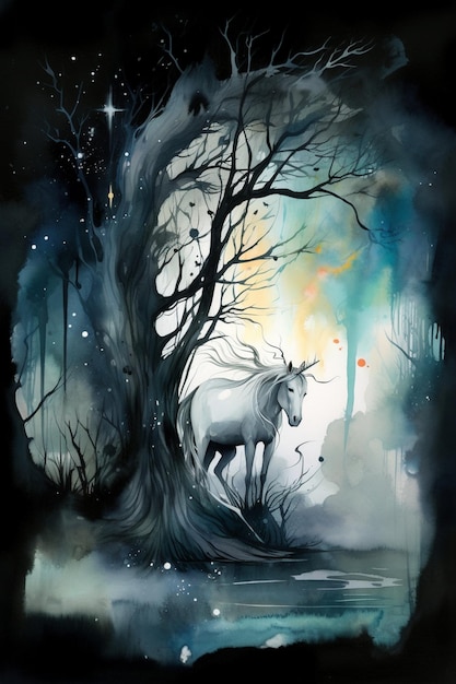 Una pintura de un unicornio blanco en un bosque oscuro