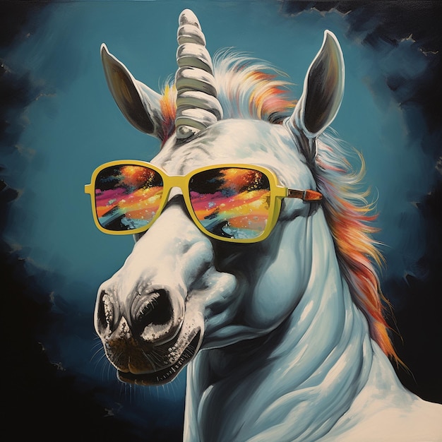 pintura de un unicornio con gafas de sol y una melena arco iris