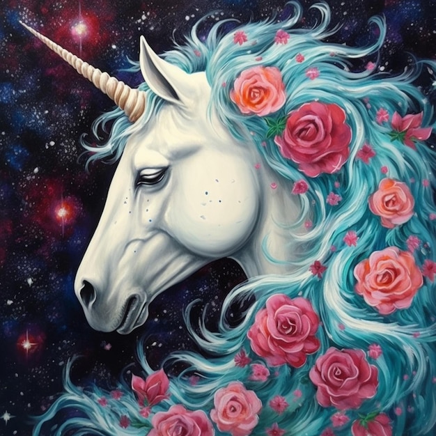 pintura de un unicornio con una larga melena y rosas en la cabeza ai generativo