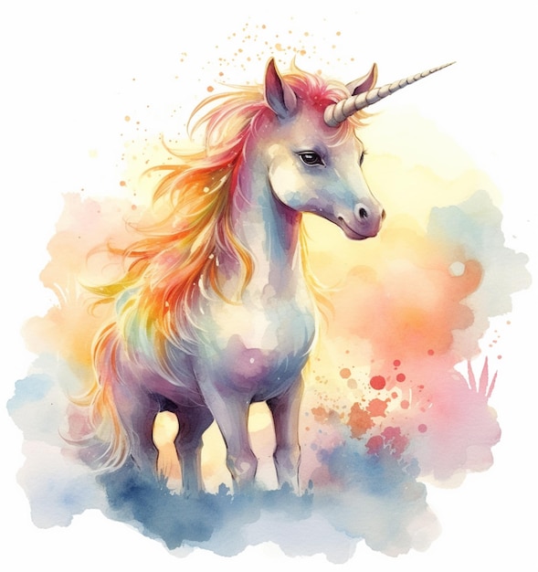 Pintura de un unicornio con melena larga y melena arcoiris ai generativo