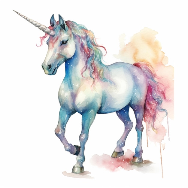 pintura de un unicornio con una melena larga y una melena colorida generativa ai