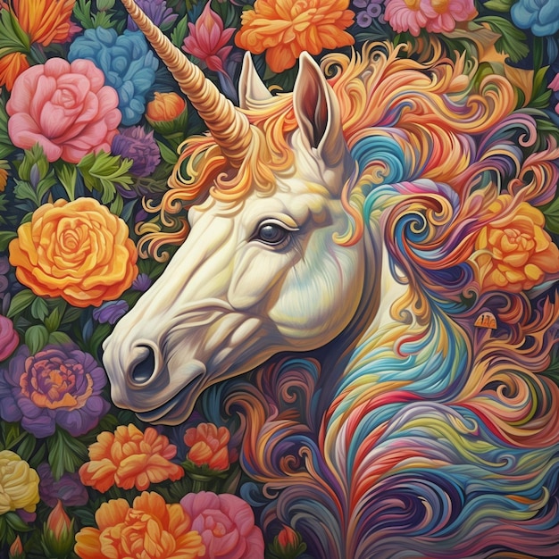 Pintura de un unicornio con melena larga y melena colorida generativa ai