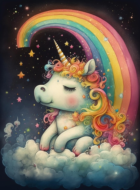 Pintura de un unicornio sentado en una nube con un arco iris en el cielo ai generativo