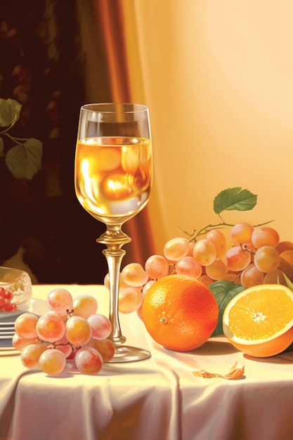 Una pintura de uvas, uvas y una copa de vino.
