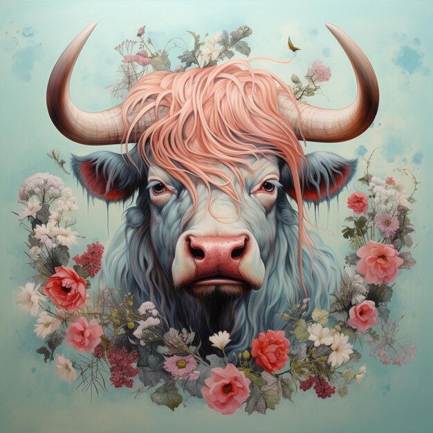 pintura de una vaca con cabello largo y flores a su alrededor generativo ai