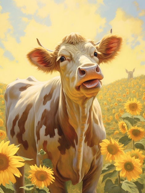 Una pintura de una vaca en un campo de girasoles