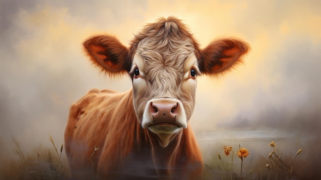 Una pintura de una vaca en un campo.