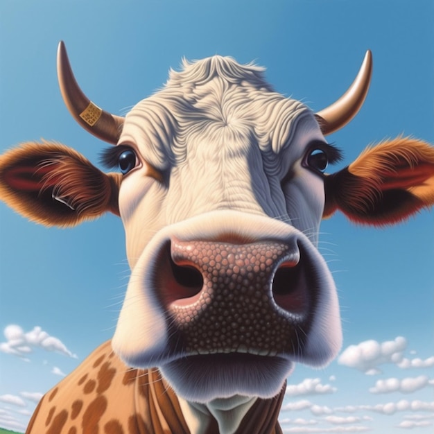 Una pintura de una vaca con un cielo azul de fondo.