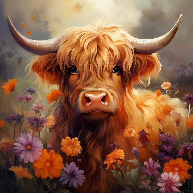 pintura de una vaca con cuernos en un campo de flores ai generativo