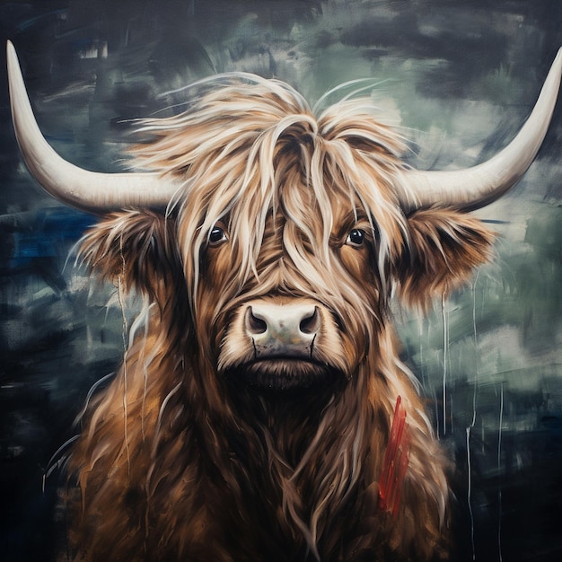 una pintura de una vaca con cuernos y cuernos.