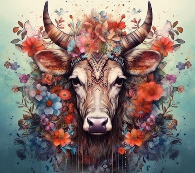 una pintura de una vaca con cuernos y flores en su cabeza generativa ai