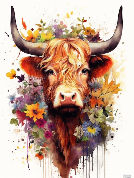pintura de una vaca con flores y hojas en su cabeza generativa ai