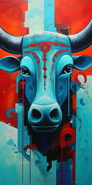 una pintura de una vaca con un fondo azul y rojo