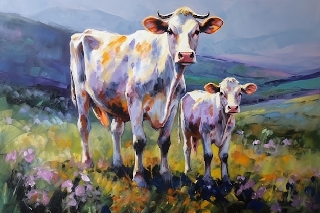 Una pintura de una vaca y su ternero.