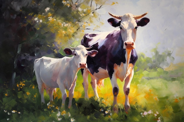 Una pintura de una vaca y un ternero en un campo.