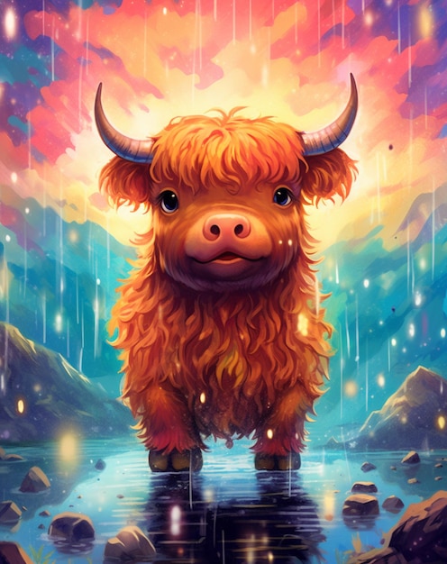Foto una pintura de una vaca de las tierras altas de pie en un charco.