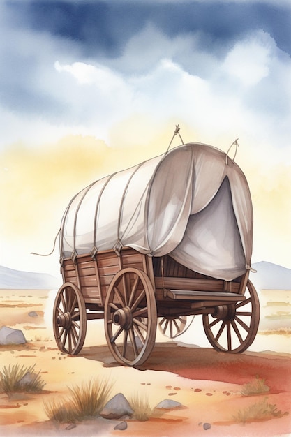 Pintura de un vagón cubierto en el desierto con un fondo de cielo generativo ai