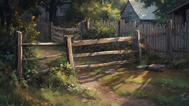 Una pintura de una valla con una valla de madera en primer plano.