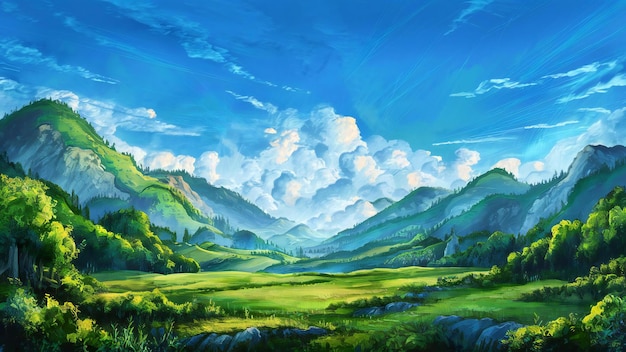 una pintura de un valle de montaña con un campo verde y montañas en el fondo