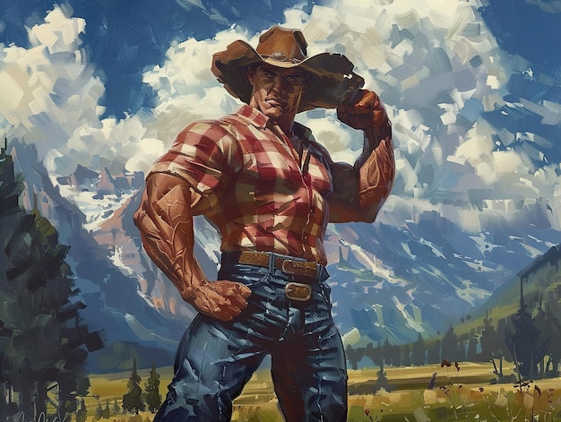 una pintura de un vaquero con los brazos cruzados y el cielo se titula vaquero