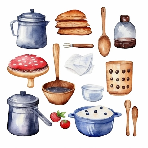 Una pintura de una variedad de artículos de cocina, incluido un pan generativo ai