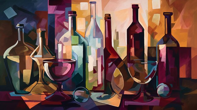 pintura de una variedad de botellas de vino y vasos en una mesa generativa ai