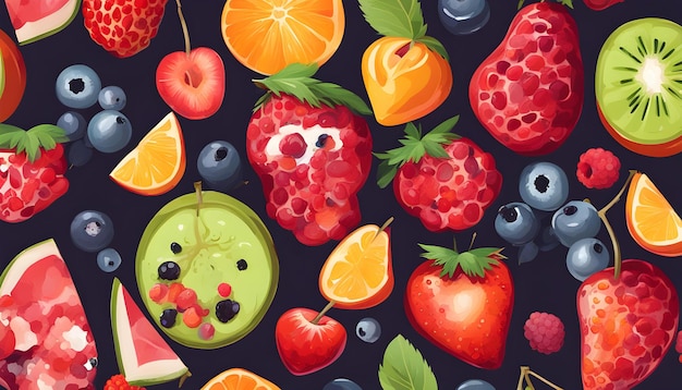 una pintura de una variedad de frutas, incluidas bayas y una imagen de una fruta