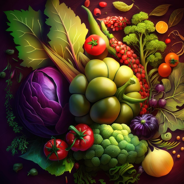 Una pintura de una variedad de frutas y verduras.