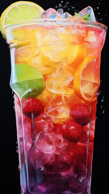pintura de un vaso de bebida frutal con hielo y fresas generativo ai