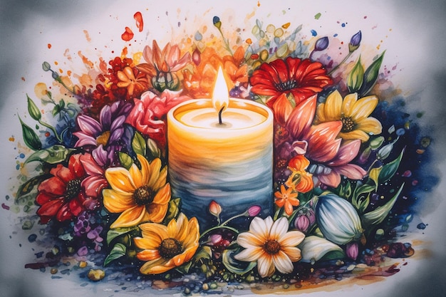 Una pintura de una vela con flores y la palabra pascua en ella