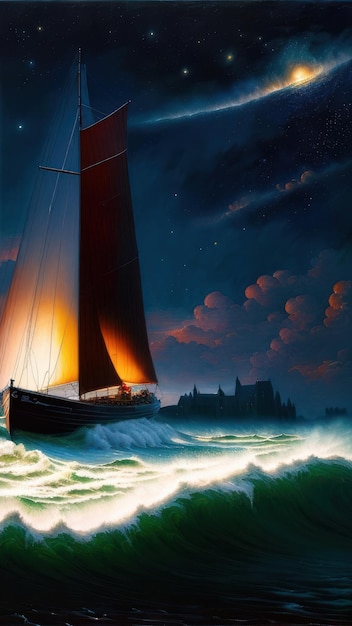 Una pintura de un velero con un cielo oscuro y nubes.