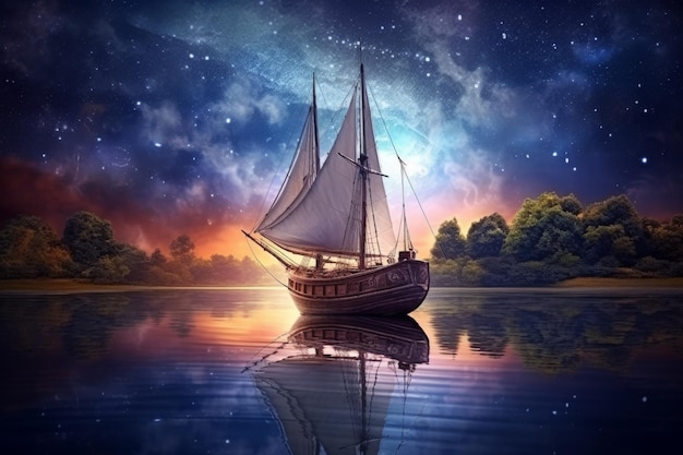 Una pintura de un velero flotando en un cuerpo de agua