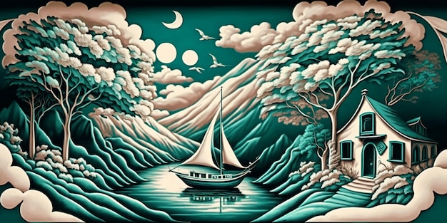 Una pintura de un velero en un lago con la luna al fondo.