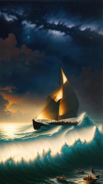 Una pintura de un velero con la luna en el fondo.